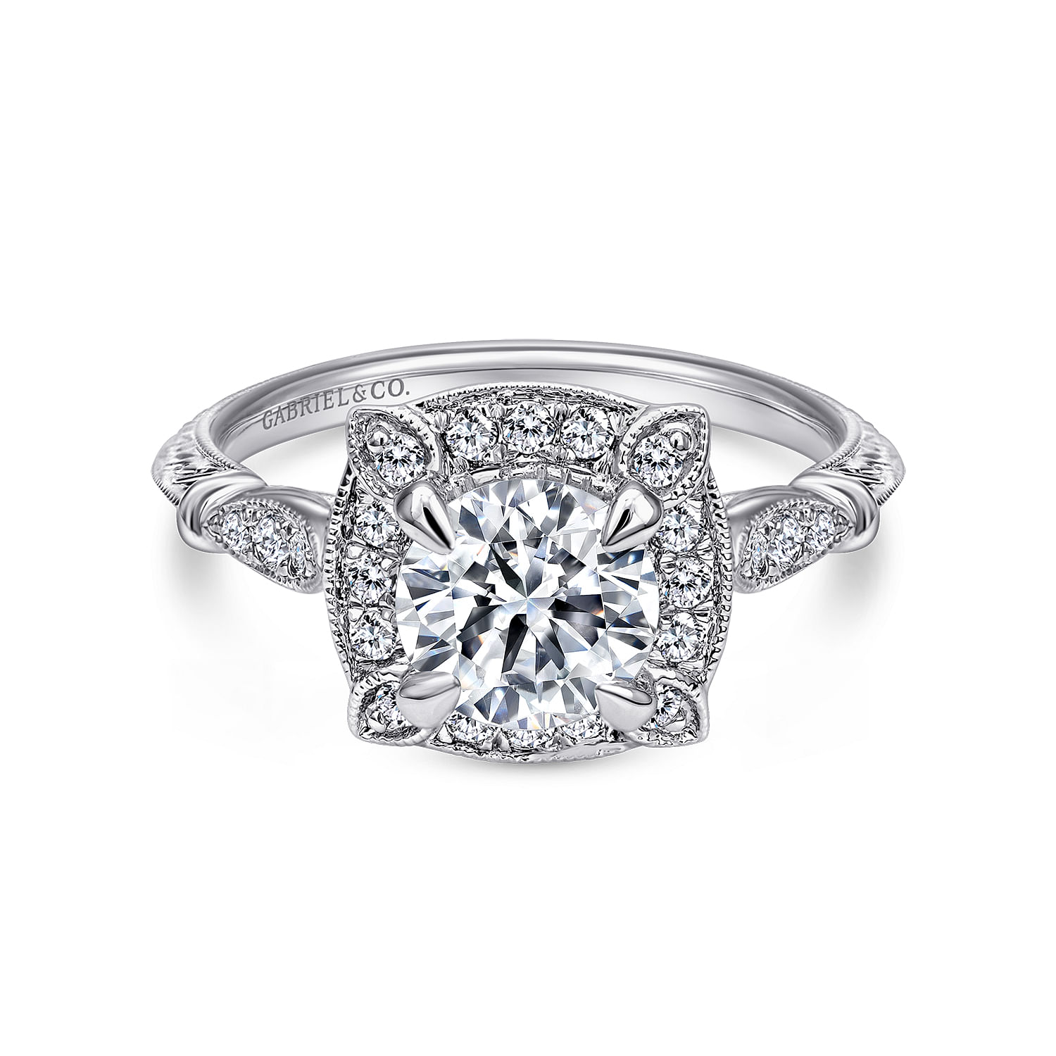 Vintage Inspired 14K White Gold Cushion Halo Round Diamond Engagement Ring