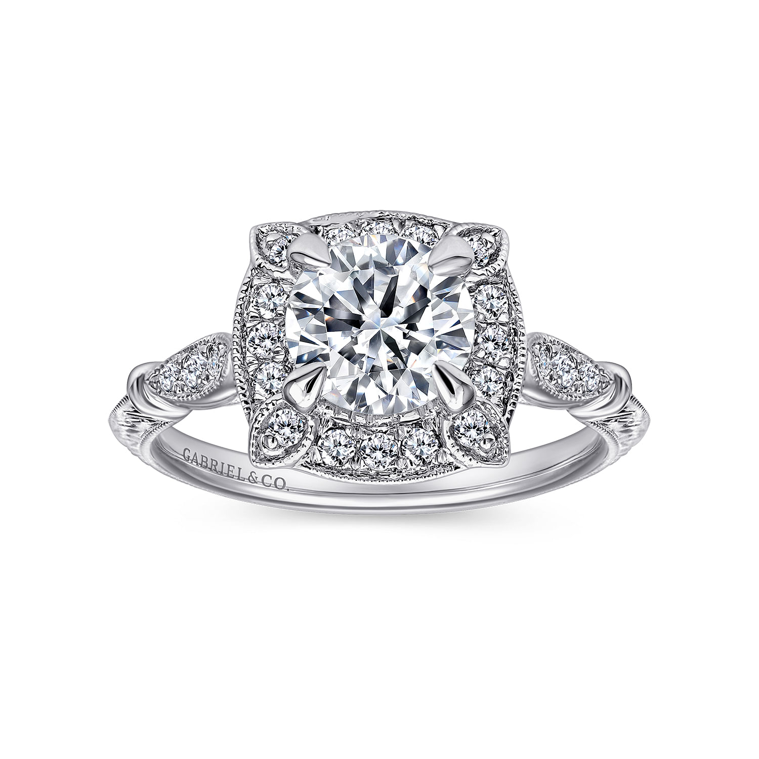 Vintage Inspired 14K White Gold Cushion Halo Round Diamond Engagement Ring