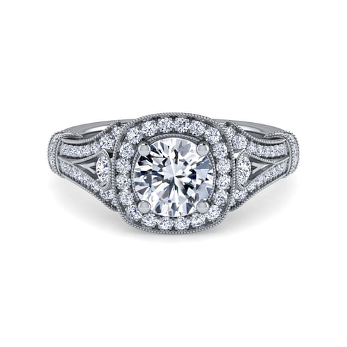 Vintage Inspired 14K White Gold Cushion Halo Round Diamond Engagement Ring