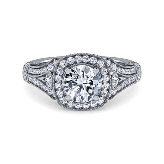 Gabriel - Vintage Inspired 14K White Gold Cushion Halo Round Diamond Engagement Ring