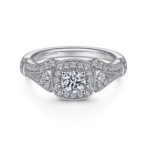 Vintage Inspired 14K White Gold Cushion Halo Round Diamond Engagement Ring