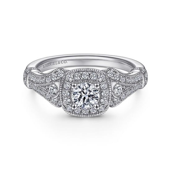 Gabriel - Vintage Inspired 14K White Gold Cushion Halo Round Diamond Engagement Ring