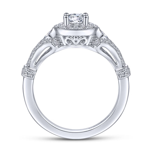 Vintage Inspired 14K White Gold Cushion Halo Round Diamond Engagement Ring