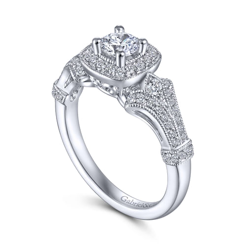 Vintage Inspired 14K White Gold Cushion Halo Round Diamond Engagement Ring