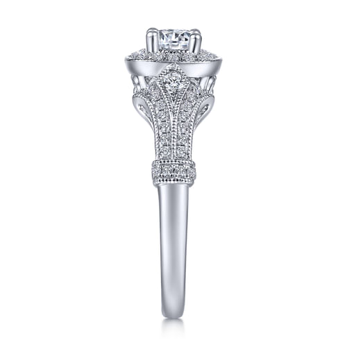Vintage Inspired 14K White Gold Cushion Halo Round Diamond Engagement Ring