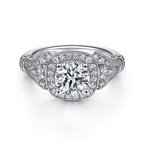 Vintage Inspired 14K White Gold Cushion Halo Round Diamond Engagement Ring
