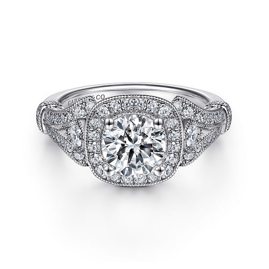 Gabriel - Vintage Inspired 14K White Gold Cushion Halo Round Diamond Engagement Ring