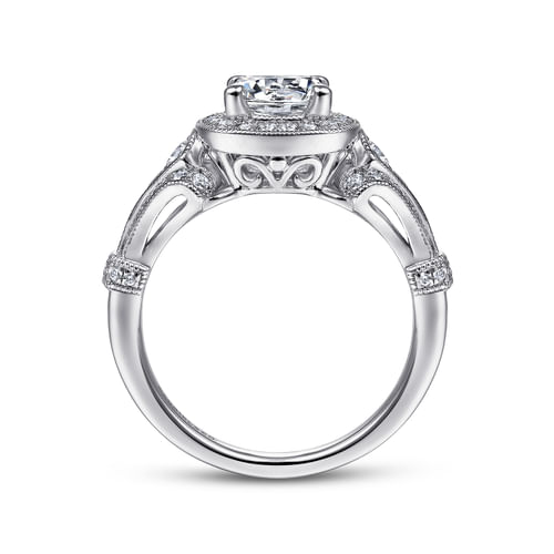 Vintage Inspired 14K White Gold Cushion Halo Round Diamond Engagement Ring