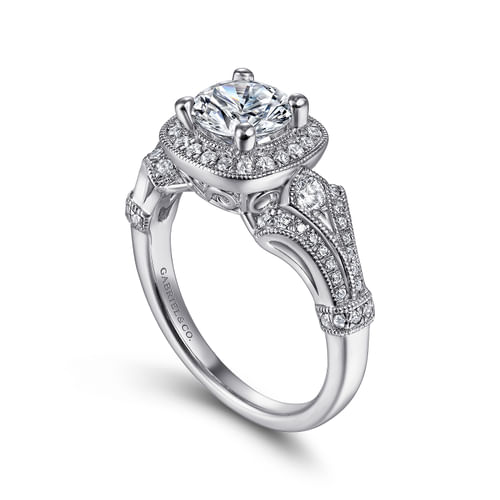 Vintage Inspired 14K White Gold Cushion Halo Round Diamond Engagement Ring
