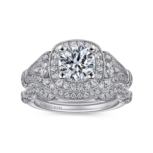 Vintage Inspired 14K White Gold Cushion Halo Round Diamond Engagement Ring