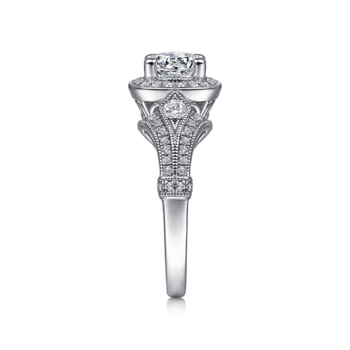 Vintage Inspired 14K White Gold Cushion Halo Round Diamond Engagement Ring