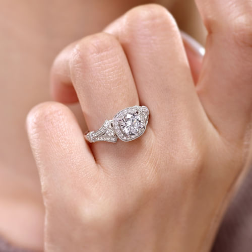 Vintage Inspired 14K White Gold Cushion Halo Round Diamond Engagement Ring