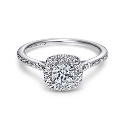 Vintage Inspired 14K White Gold Cushion Halo Round Diamond Engagement Ring