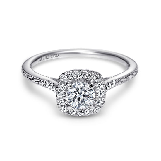 Gabriel - Vintage Inspired 14K White Gold Cushion Halo Round Diamond Engagement Ring