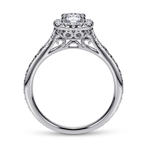 Vintage Inspired 14K White Gold Cushion Halo Round Diamond Engagement Ring