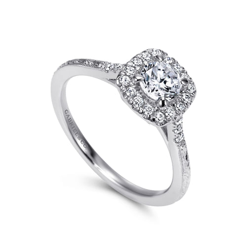 Vintage Inspired 14K White Gold Cushion Halo Round Diamond Engagement Ring