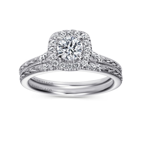 Vintage Inspired 14K White Gold Cushion Halo Round Diamond Engagement Ring