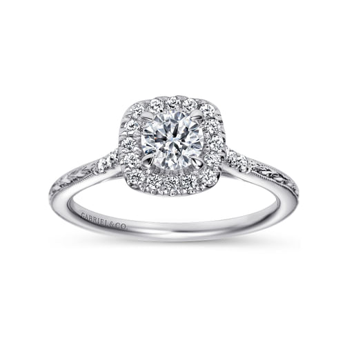 Vintage Inspired 14K White Gold Cushion Halo Round Diamond Engagement Ring