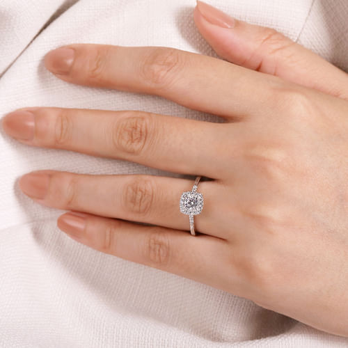 Vintage Inspired 14K White Gold Cushion Halo Round Diamond Engagement Ring