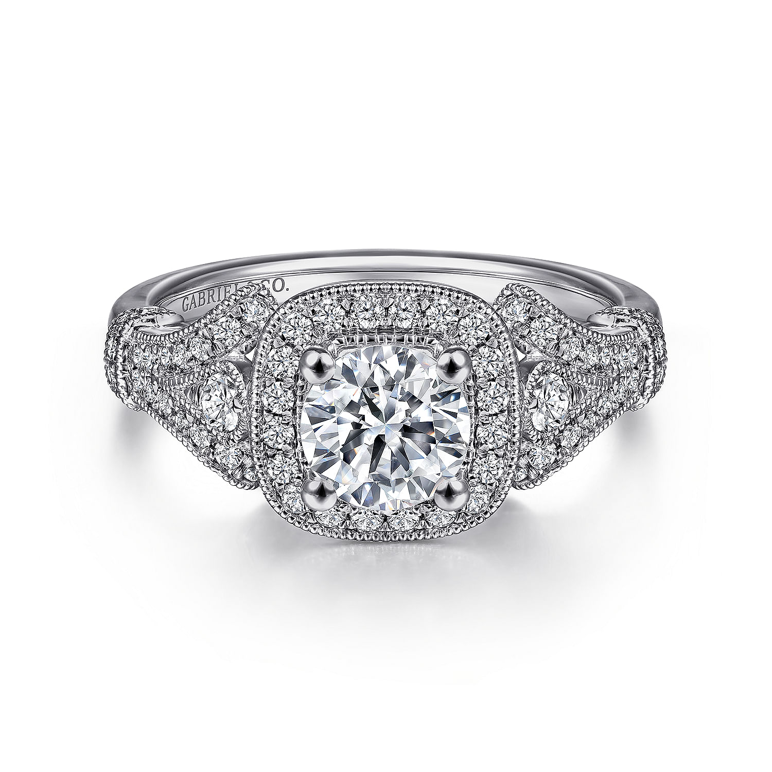 Gabriel - Vintage Inspired 14K White Gold Cushion Halo Round Diamond Engagement Ring