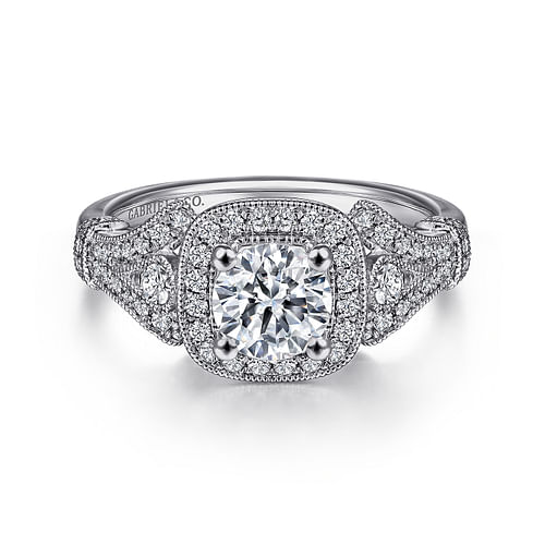 Vintage Inspired 14K White Gold Cushion Halo Round Diamond Engagement Ring