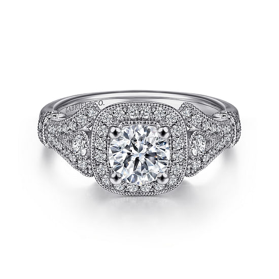 Gabriel - Vintage Inspired 14K White Gold Cushion Halo Round Diamond Engagement Ring