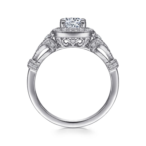 Vintage Inspired 14K White Gold Cushion Halo Round Diamond Engagement Ring