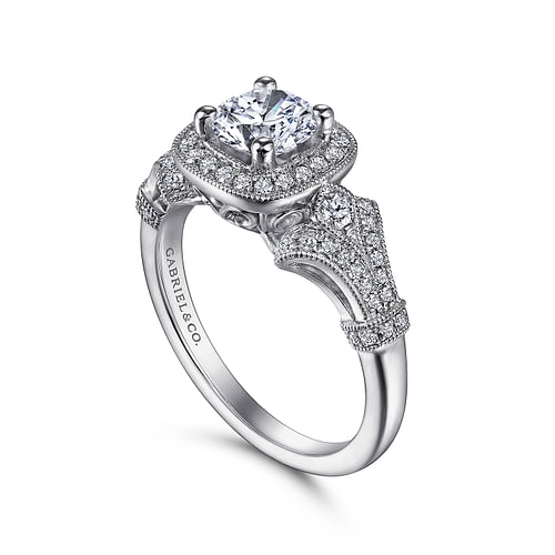 Vintage Inspired 14K White Gold Cushion Halo Round Diamond Engagement Ring