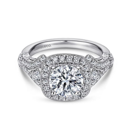 Vintage Inspired 14K White Gold Cushion Halo Round Diamond Engagement Ring