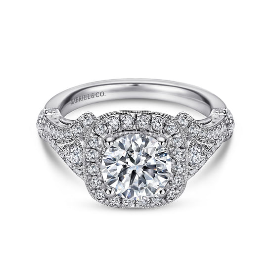 Gabriel - Vintage Inspired 14K White Gold Cushion Halo Round Diamond Engagement Ring