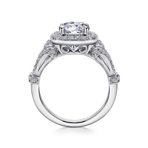 Vintage Inspired 14K White Gold Cushion Halo Round Diamond Engagement Ring