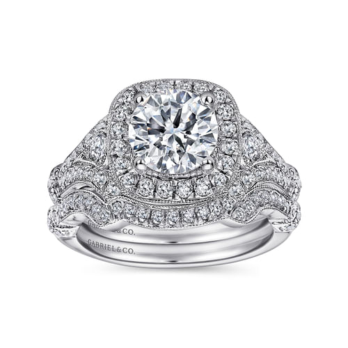 Vintage Inspired 14K White Gold Cushion Halo Round Diamond Engagement Ring