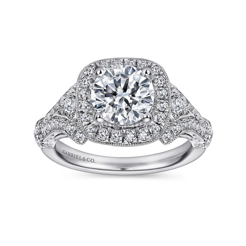 Vintage Inspired 14K White Gold Cushion Halo Round Diamond Engagement Ring