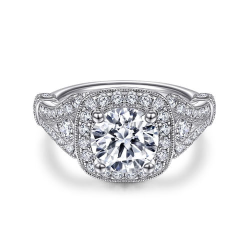Vintage Inspired 14K White Gold Cushion Halo Round Diamond Engagement Ring