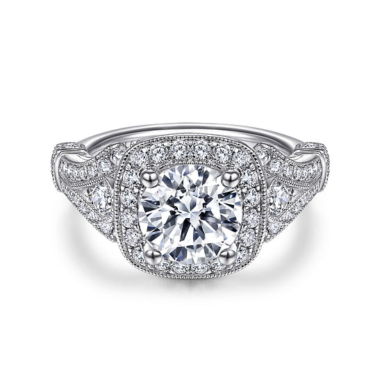 Gabriel - Vintage Inspired 14K White Gold Cushion Halo Round Diamond Engagement Ring