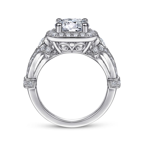Vintage Inspired 14K White Gold Cushion Halo Round Diamond Engagement Ring