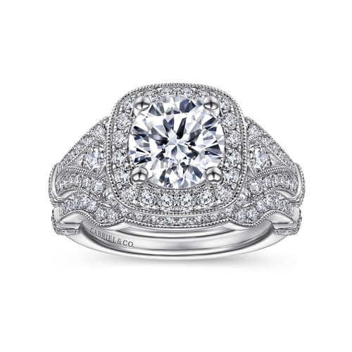 Vintage Inspired 14K White Gold Cushion Halo Round Diamond Engagement Ring