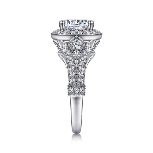 Vintage Inspired 14K White Gold Cushion Halo Round Diamond Engagement Ring