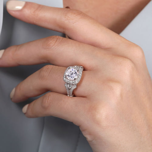 Vintage Inspired 14K White Gold Cushion Halo Round Diamond Engagement Ring