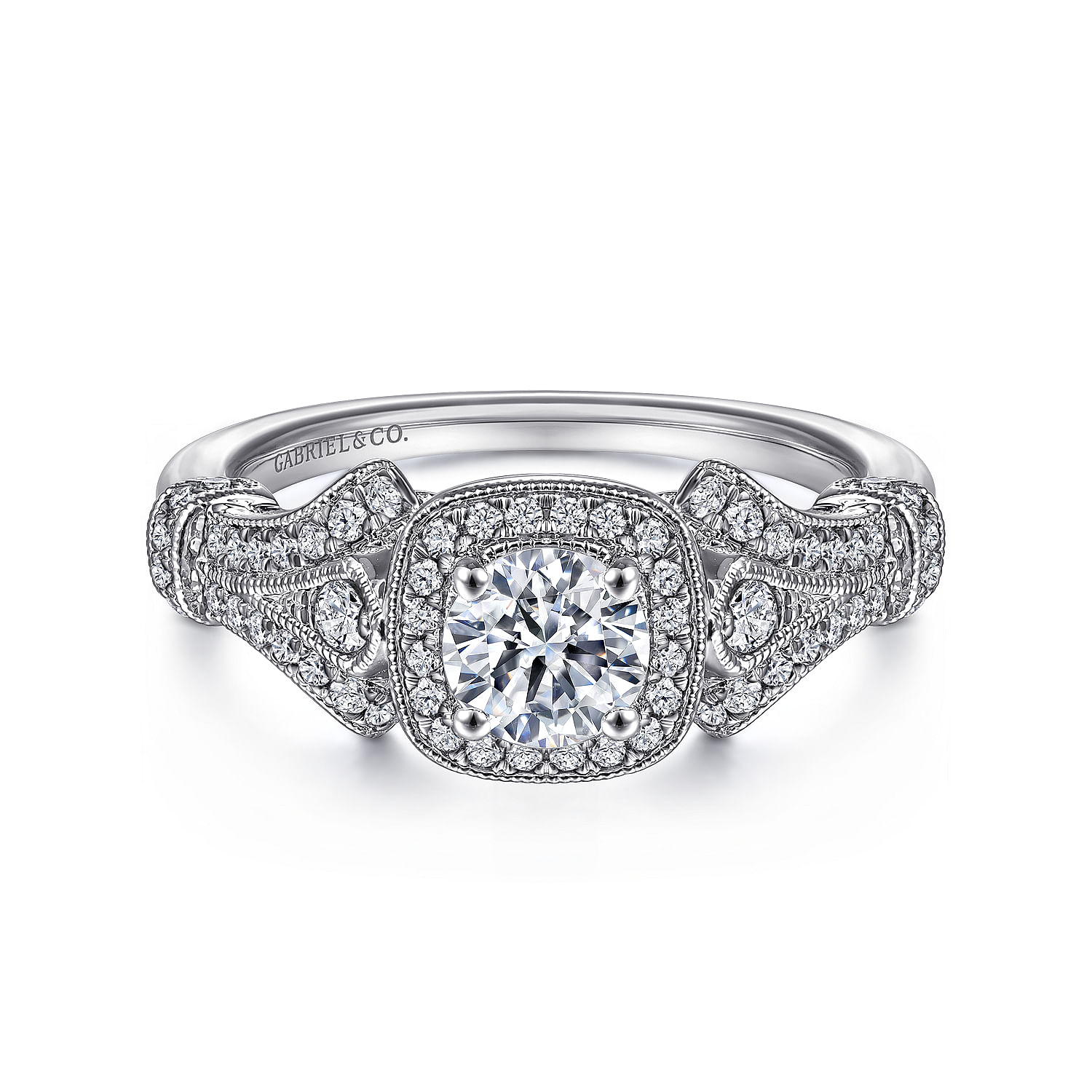 Gabriel - Vintage Inspired 14K White Gold Cushion Halo Round Diamond Engagement Ring