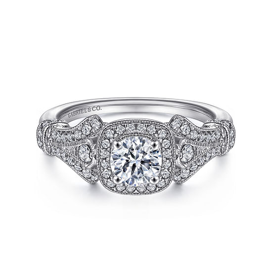 Gabriel - Vintage Inspired 14K White Gold Cushion Halo Round Diamond Engagement Ring