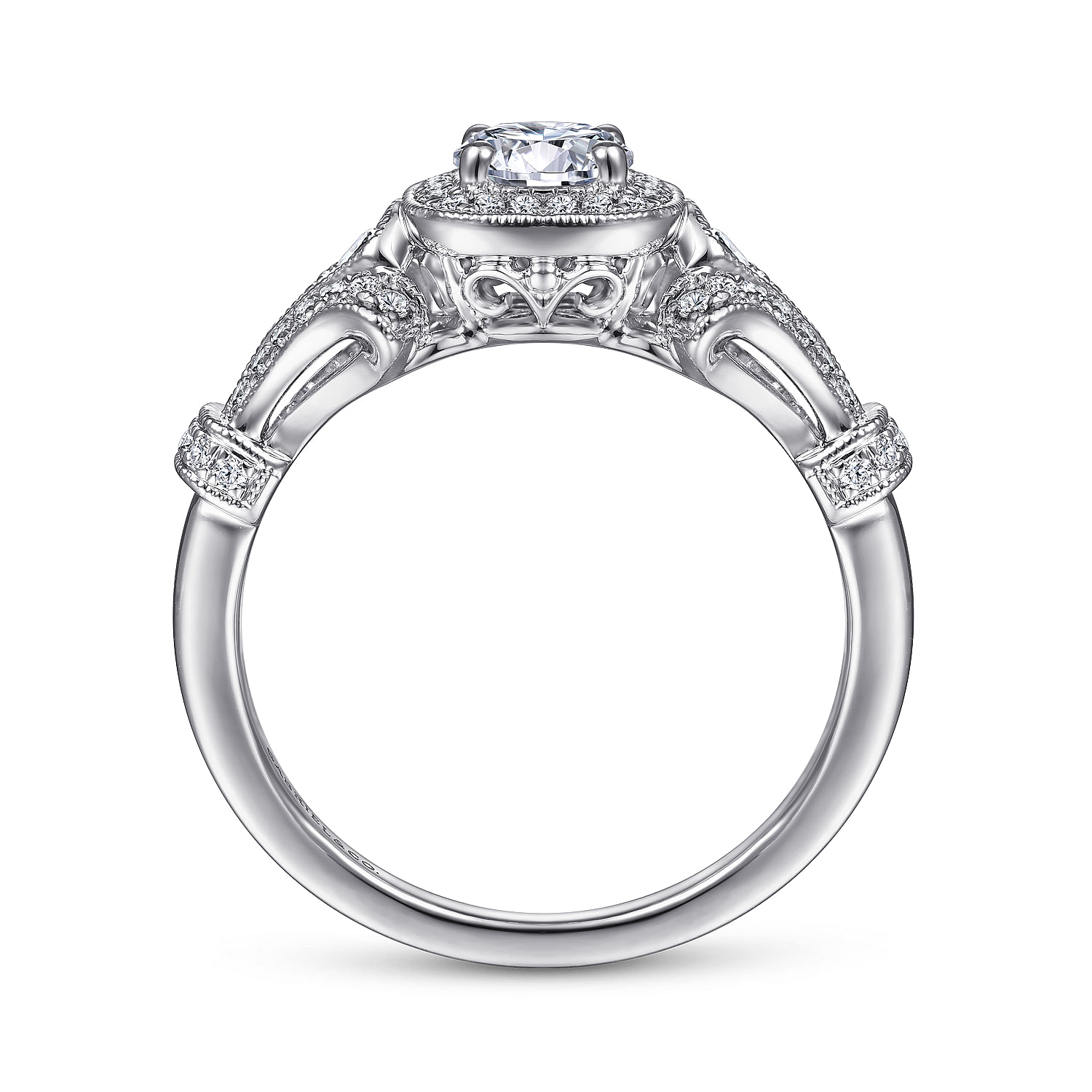 Vintage Inspired 14K White Gold Cushion Halo Round Diamond Engagement Ring