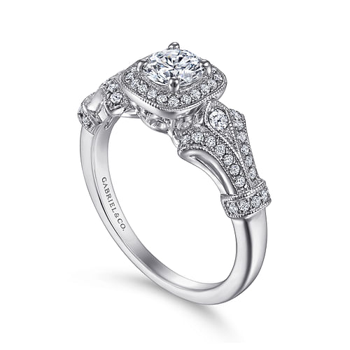 Vintage Inspired 14K White Gold Cushion Halo Round Diamond Engagement Ring