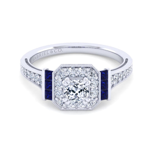 Vintage Inspired 14K White Gold Cushion Halo Sapphire and Diamond Channel Set Engagement Ring