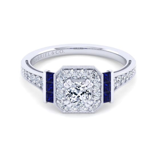 Gabriel - Vintage Inspired 14K White Gold Cushion Halo Sapphire and Diamond Channel Set Engagement Ring Gabriel - Vintage Inspired 14K White Gold Cushion Halo Sapphire and Diamond Channel Set Engagement Ring