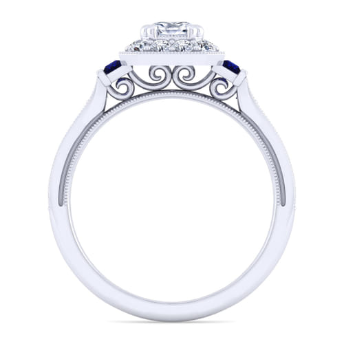 Vintage Inspired 14K White Gold Cushion Halo Sapphire and Diamond Channel Set Engagement Ring
