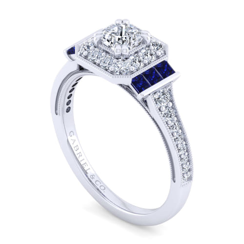 Vintage Inspired 14K White Gold Cushion Halo Sapphire and Diamond Channel Set Engagement Ring
