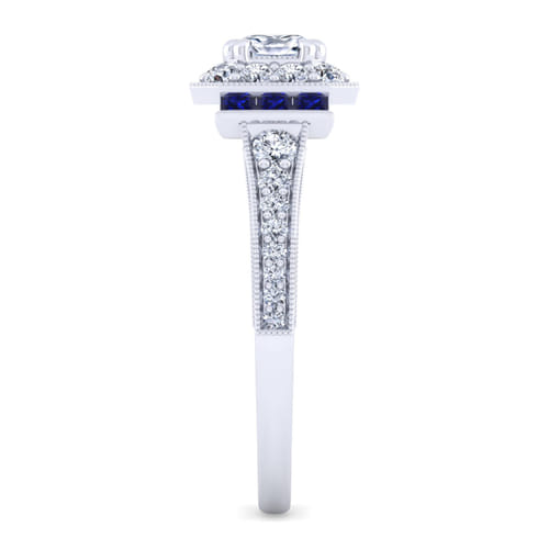 Vintage Inspired 14K White Gold Cushion Halo Sapphire and Diamond Channel Set Engagement Ring
