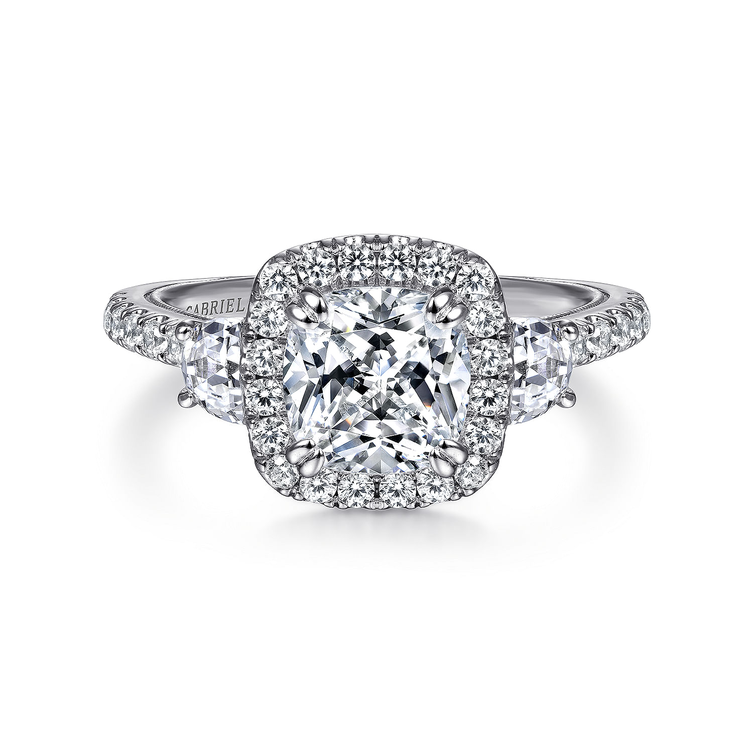 Gabriel - Vintage Inspired 14K White Gold Cushion Three Stone Halo Diamond Engagement Ring