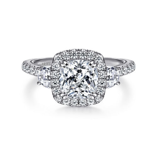 Vintage Inspired 14K White Gold Cushion Three Stone Halo Diamond Engagement Ring